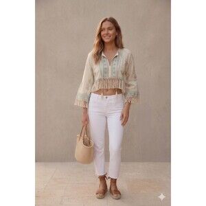 7 For All Mankind Cropped Jeans White Raw Hem Boho Minimalist Size 31